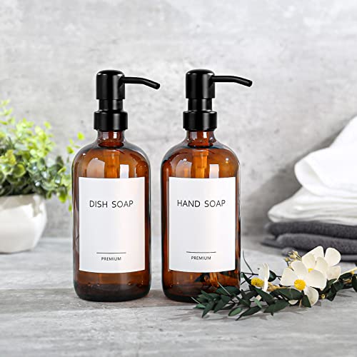 Seifenspender Glas, 500ml Solide Seifenspender Braun mit Pumpe aus Edelstahl, Set für Küche, Bad und Dusche, Vintage Braune Glasflaschen mit pumpe und Etiketten - 2 Stücke
