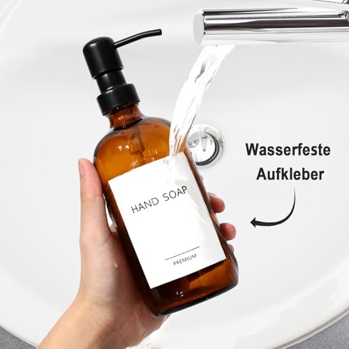 Seifenspender Glas, 500ml Solide Seifenspender Braun mit Pumpe aus Edelstahl, Set für Küche, Bad und Dusche, Vintage Braune Glasflaschen mit pumpe und Etiketten - 2 Stücke