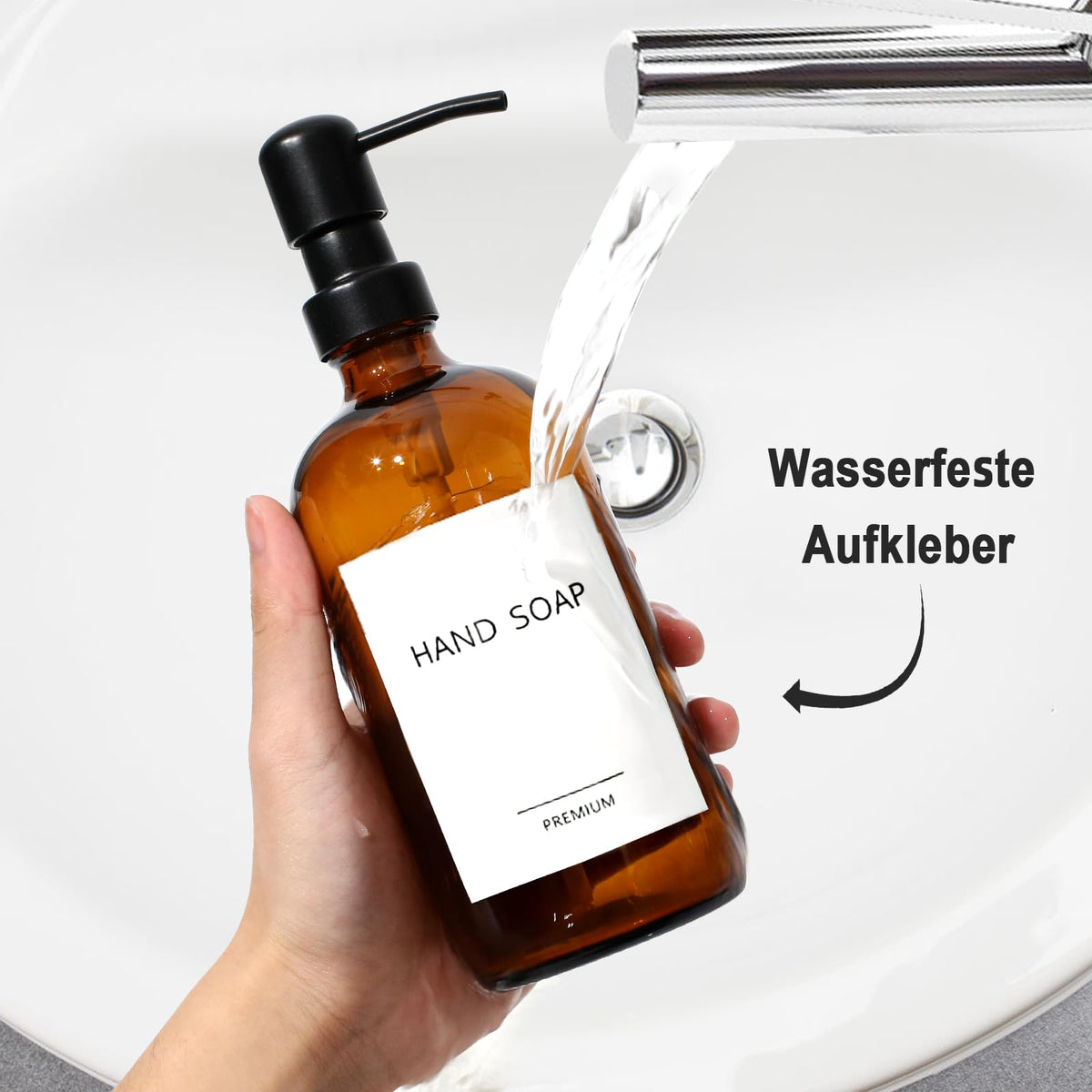 Seifenspender Glas, 500ml Solide Seifenspender Braun mit Pumpe aus Edelstahl, Set für Küche, Bad und Dusche, Vintage Braune Glasflaschen mit pumpe und Etiketten - 2 Stücke