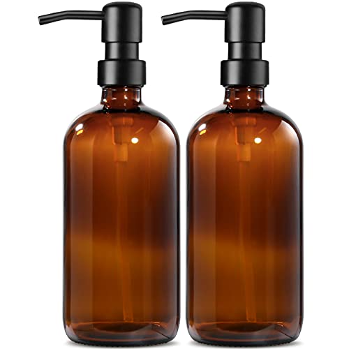 Seifenspender Glas, 500ml Solide Seifenspender Braun mit Pumpe aus Edelstahl, Set für Küche, Bad und Dusche, Vintage Braune Glasflaschen mit pumpe und Etiketten - 2 Stücke