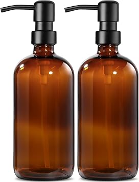 Seifenspender Glas, 500ml Solide Seifenspender Braun mit Pumpe aus Edelstahl, Set für Küche, Bad und Dusche, Vintage Braune Glasflaschen mit pumpe und Etiketten - 2 Stücke