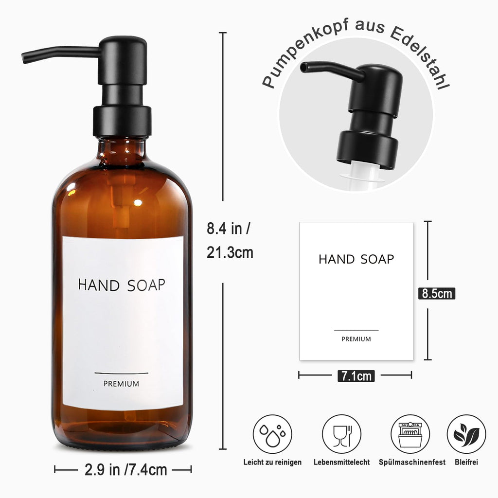 Seifenspender Glas, 500ml Solide Seifenspender Braun mit Pumpe aus Edelstahl, Set für Küche, Bad und Dusche, Vintage Braune Glasflaschen mit pumpe und Etiketten - 2 Stücke