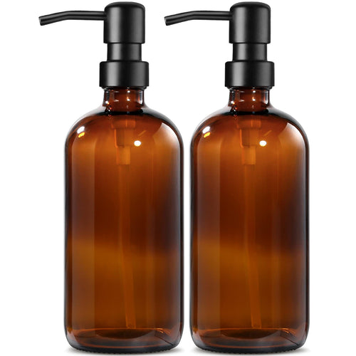 Seifenspender Glas, 500ml Solide Seifenspender Braun mit Pumpe aus Edelstahl, Set für Küche, Bad und Dusche, Vintage Braune Glasflaschen mit pumpe und Etiketten - 2 Stücke