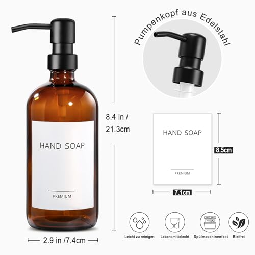 Seifenspender Glas, 500ml Solide Seifenspender Braun mit Pumpe aus Edelstahl, Set für Küche, Bad und Dusche, Vintage Braune Glasflaschen mit pumpe und Etiketten - 2 Stücke