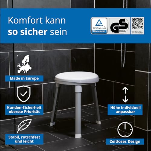 Weinberger 360° drehbarer Duschhocker höhenverstellbar 38-48 cm | Belastbar bis 150 kg | 2,8 kg leicht, rutschfest & modern | Runder Duschstuhl für Senioren für mehr Sicherheit im Bad in weiß