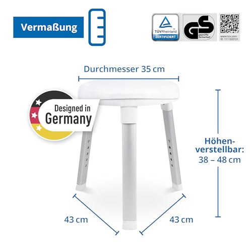Weinberger 360° drehbarer Duschhocker höhenverstellbar 38-48 cm | Belastbar bis 150 kg | 2,8 kg leicht, rutschfest & modern | Runder Duschstuhl für Senioren für mehr Sicherheit im Bad in weiß