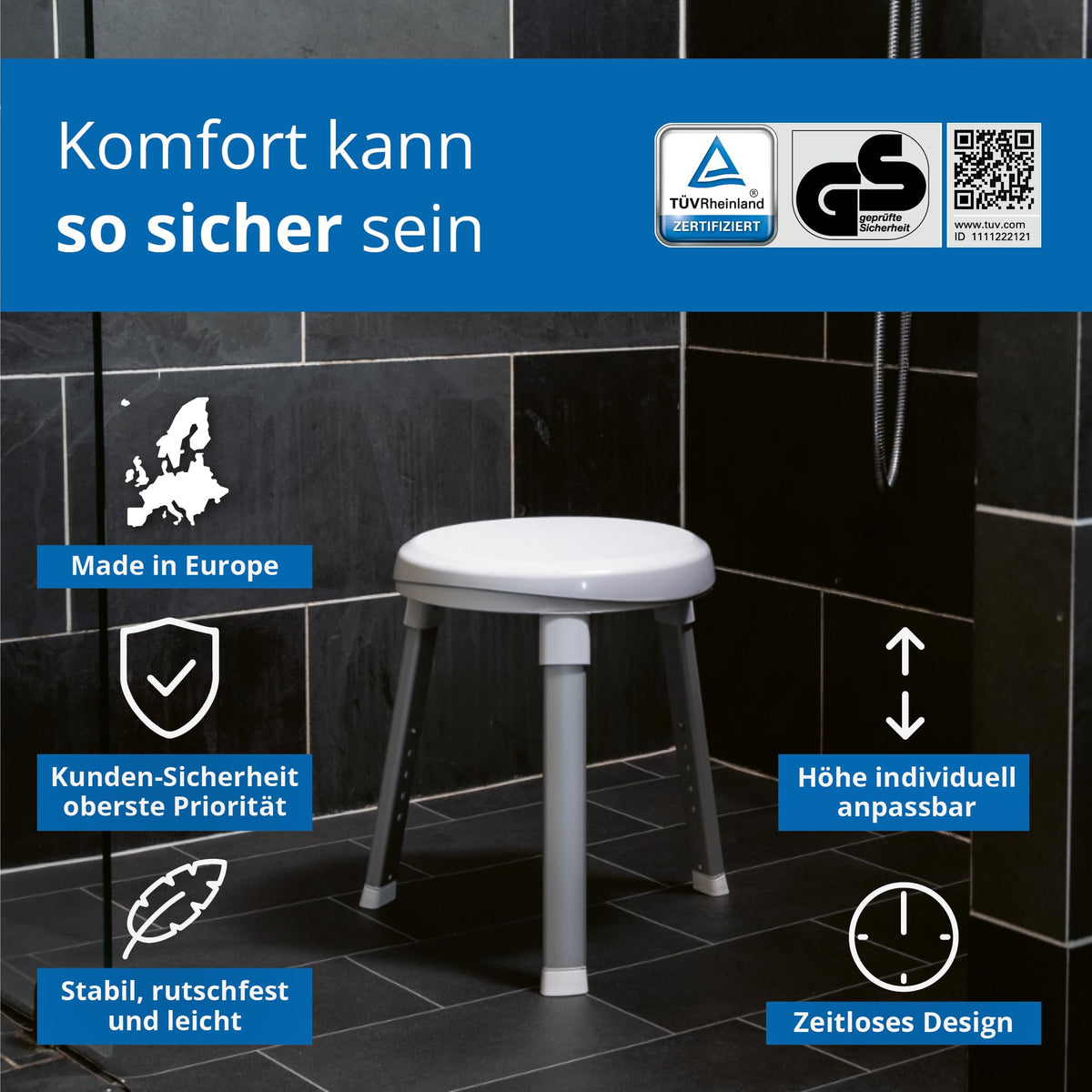 Weinberger 360° drehbarer Duschhocker höhenverstellbar 38-48 cm | Belastbar bis 150 kg | 2,8 kg leicht, rutschfest & modern | Runder Duschstuhl für Senioren für mehr Sicherheit im Bad in weiß