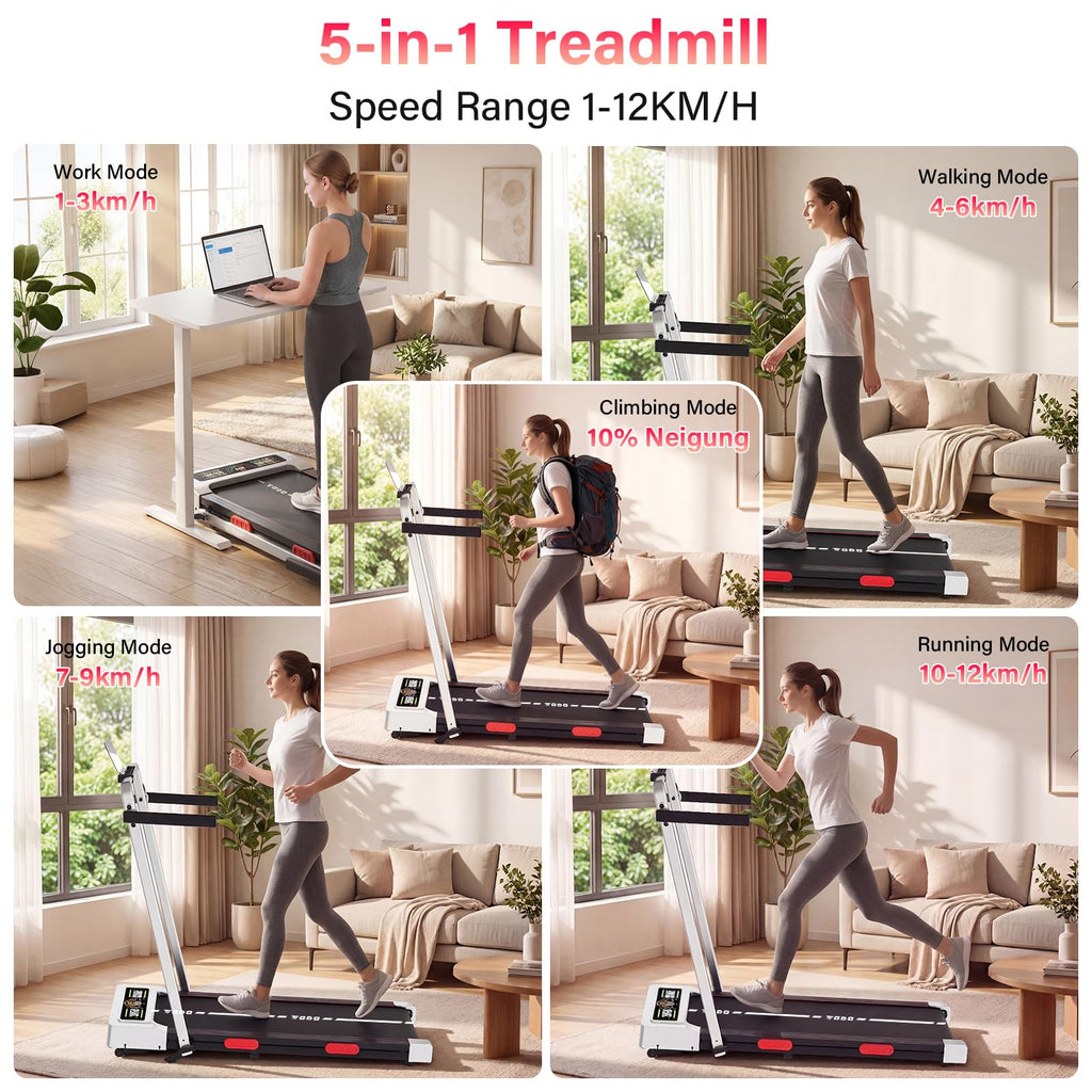 TODO Laufband für Zuhause mit 10% Neigung, 1-12km/h Walking Pad klappbar, 3.5HP Schreibtisch Treadmill für Zuhause & Büro mit Bluetooth-Lautsprecher, 12 Programme, APP und LED-Anzeige