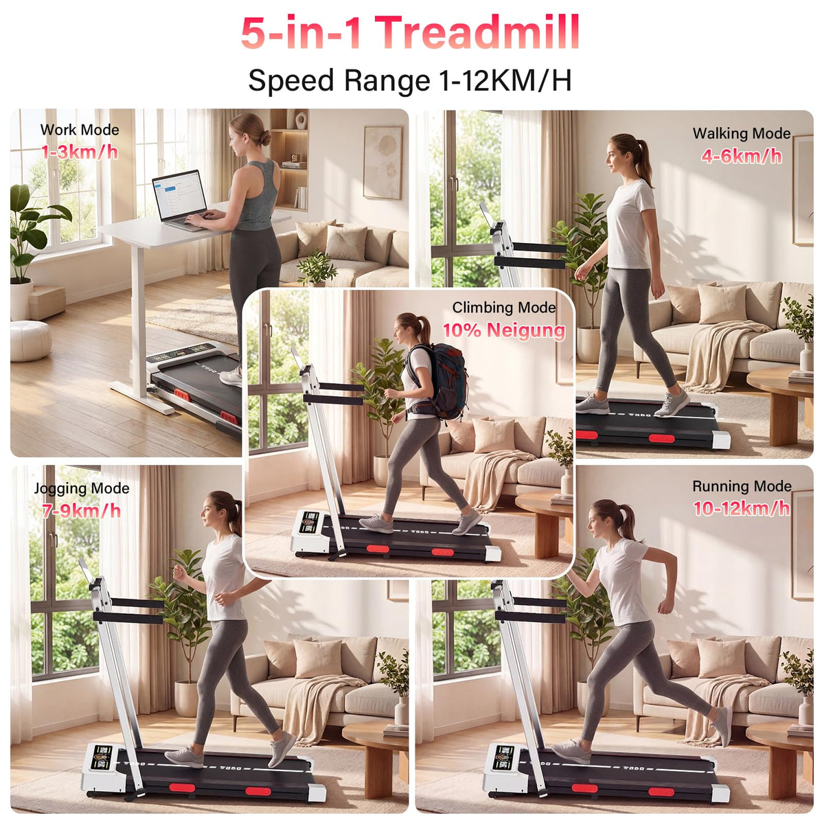 TODO Laufband für Zuhause mit 10% Neigung, 1-12km/h Walking Pad klappbar, 3.5HP Schreibtisch Treadmill für Zuhause & Büro mit Bluetooth-Lautsprecher, 12 Programme, APP und LED-Anzeige