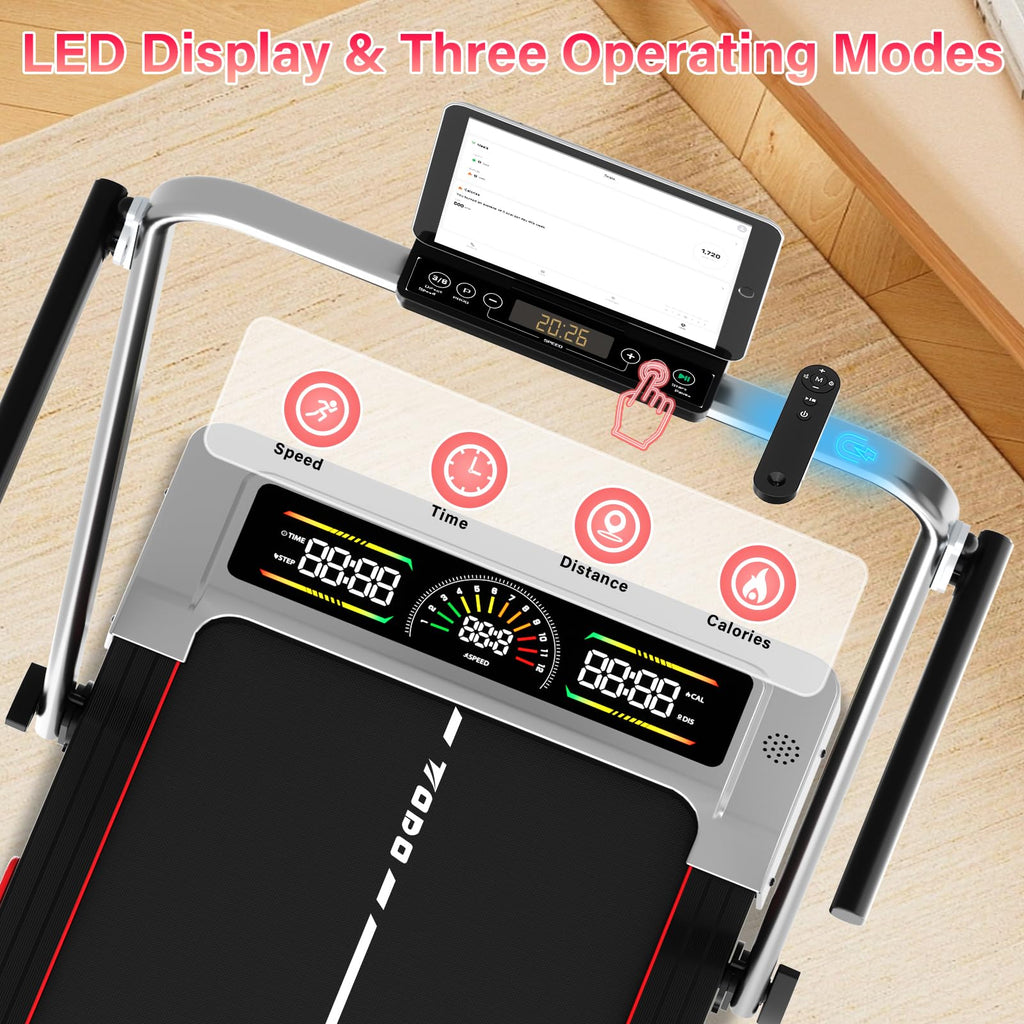 TODO Laufband für Zuhause mit 10% Neigung, 1-12km/h Walking Pad klappbar, 3.5HP Schreibtisch Treadmill für Zuhause & Büro mit Bluetooth-Lautsprecher, 12 Programme, APP und LED-Anzeige