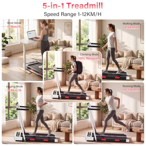 TODO Laufband für Zuhause mit 10% Neigung, 1-12km/h Walking Pad klappbar, 3.5HP Schreibtisch Treadmill für Zuhause & Büro mit Bluetooth-Lautsprecher, 12 Programme, APP und LED-Anzeige