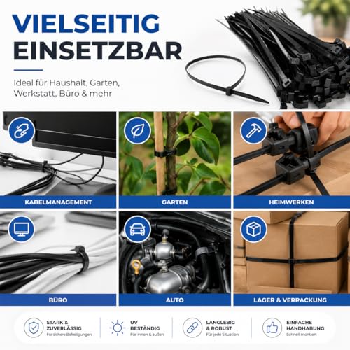 100x Kabelbinder schwarz Cable Ties Set - kurz & lang - Zip ties reißfest & UV beständig - diverse Längen (150 mm x 3,6 mm)