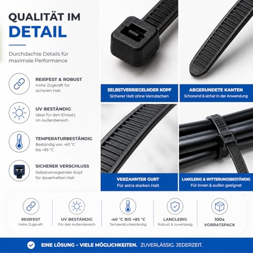 100x Kabelbinder schwarz Cable Ties Set - kurz & lang - Zip ties reißfest & UV beständig - diverse Längen (150 mm x 3,6 mm)