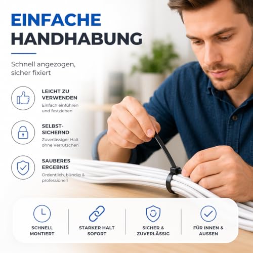100x Kabelbinder schwarz Cable Ties Set - kurz & lang - Zip ties reißfest & UV beständig - diverse Längen (150 mm x 3,6 mm)