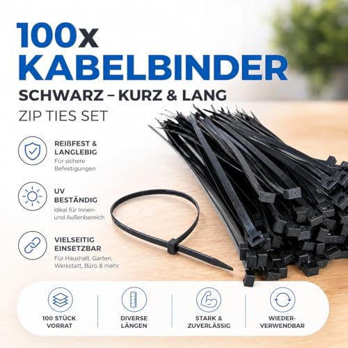 100x Kabelbinder schwarz Cable Ties Set - kurz & lang - Zip ties reißfest & UV beständig - diverse Längen (150 mm x 3,6 mm)