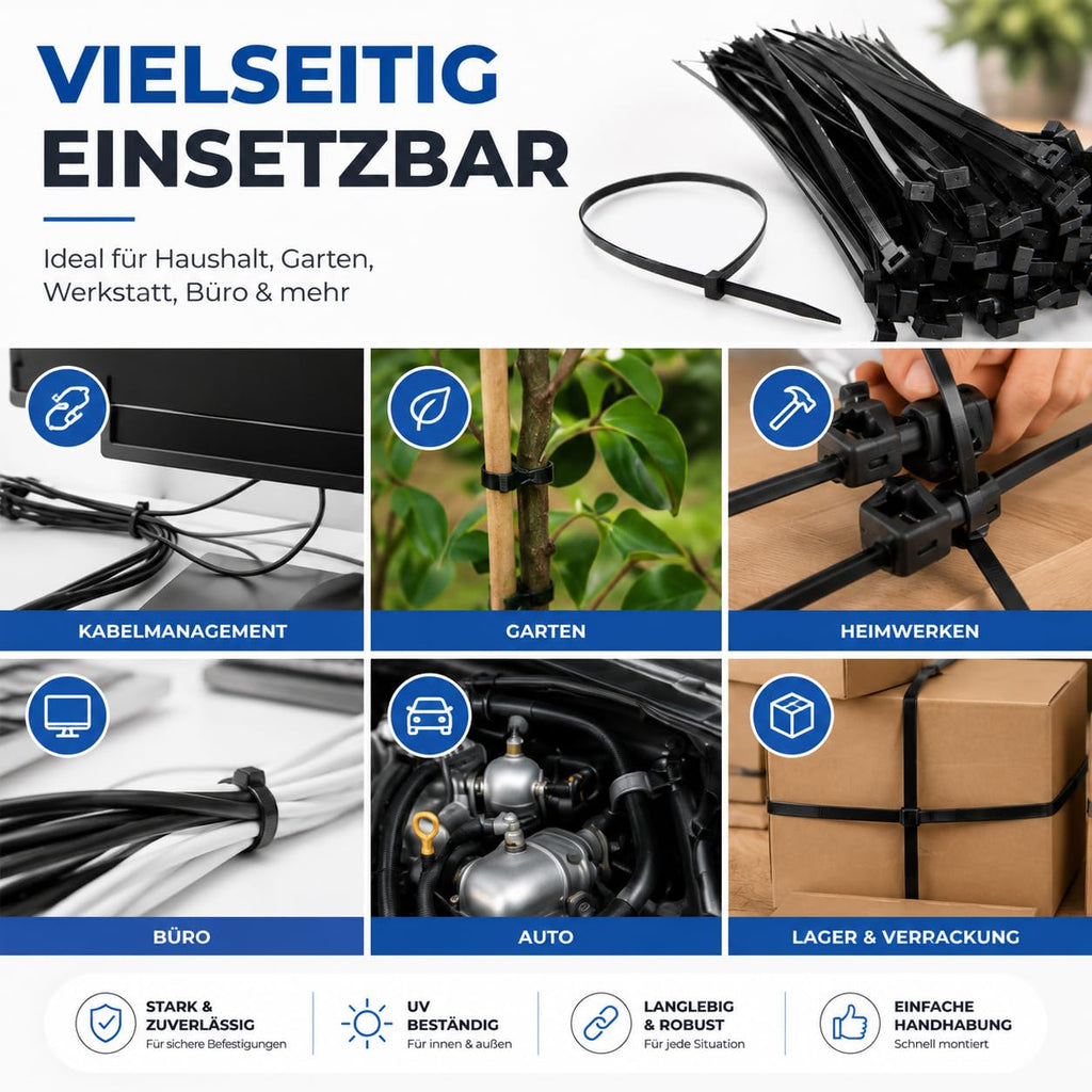100x Kabelbinder schwarz Cable Ties Set - kurz & lang - Zip ties reißfest & UV beständig - diverse Längen (150 mm x 3,6 mm)
