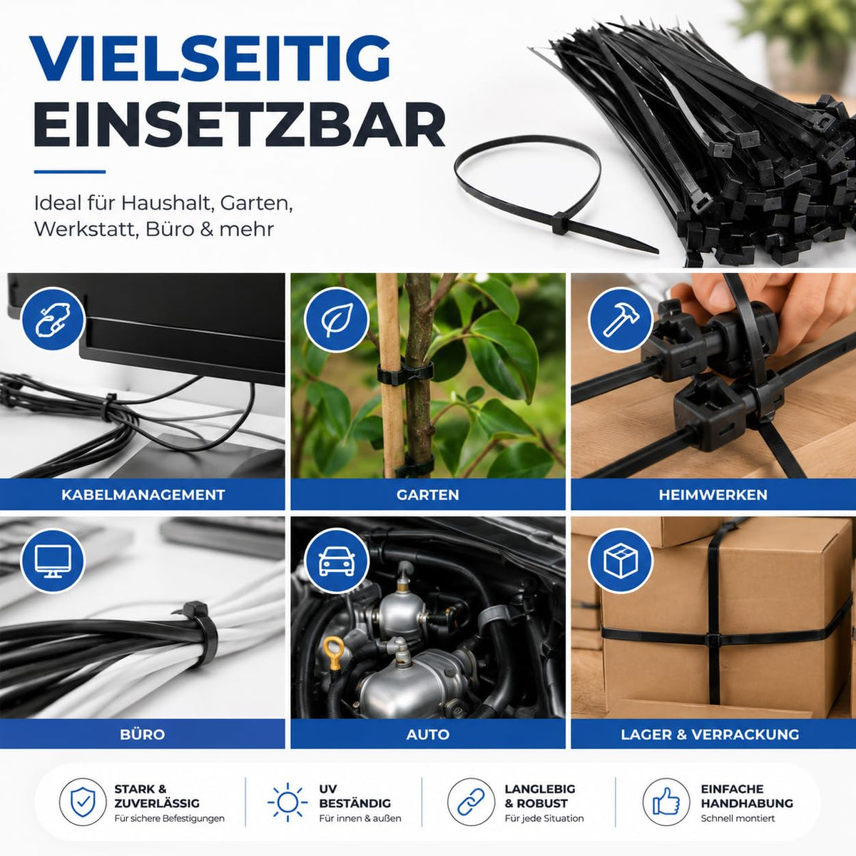 100x Kabelbinder schwarz Cable Ties Set - kurz & lang - Zip ties reißfest & UV beständig - diverse Längen (150 mm x 3,6 mm)