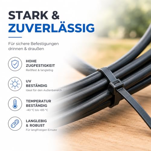 100x Kabelbinder schwarz Cable Ties Set - kurz & lang - Zip ties reißfest & UV beständig - diverse Längen (150 mm x 3,6 mm)