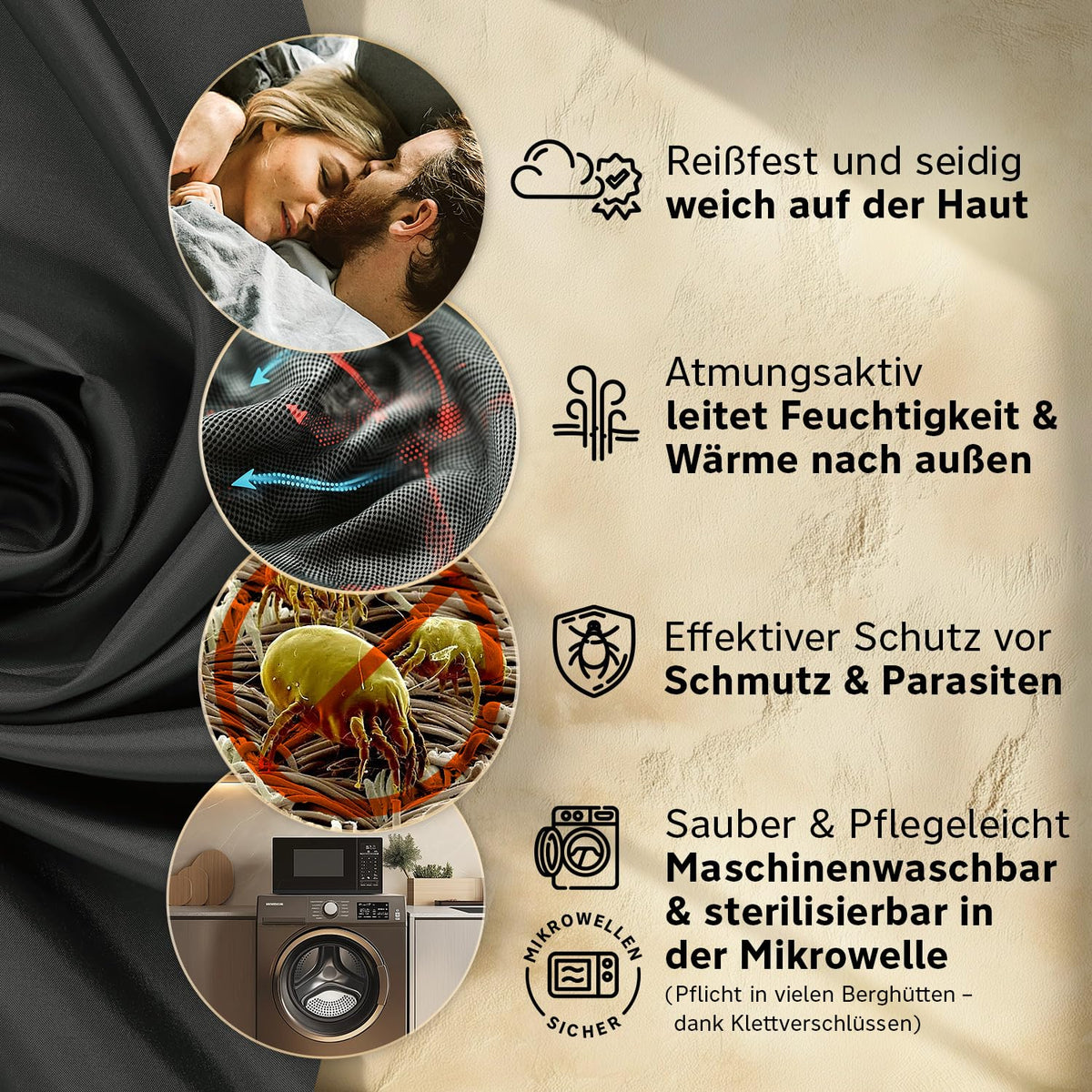 Hüttenschlafsack aus Mikrofaser oder Bio-Baumwolle (nur 230g/370g)