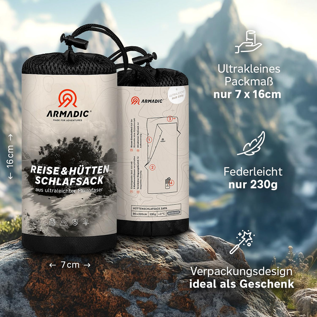 Hüttenschlafsack aus Mikrofaser oder Bio-Baumwolle (nur 230g/370g)