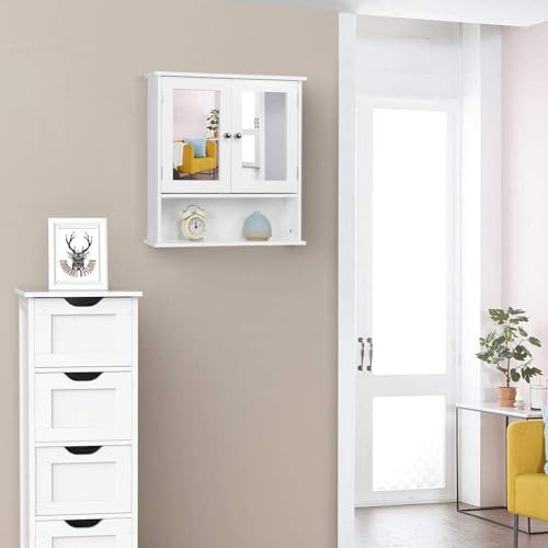 Yaheetech Spiegelschrank, Hängeschrank mit Spiegeltür und 3 Ablagen, Weiß