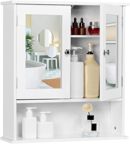 Yaheetech Spiegelschrank, Hängeschrank mit Spiegeltür und 3 Ablagen, Weiß