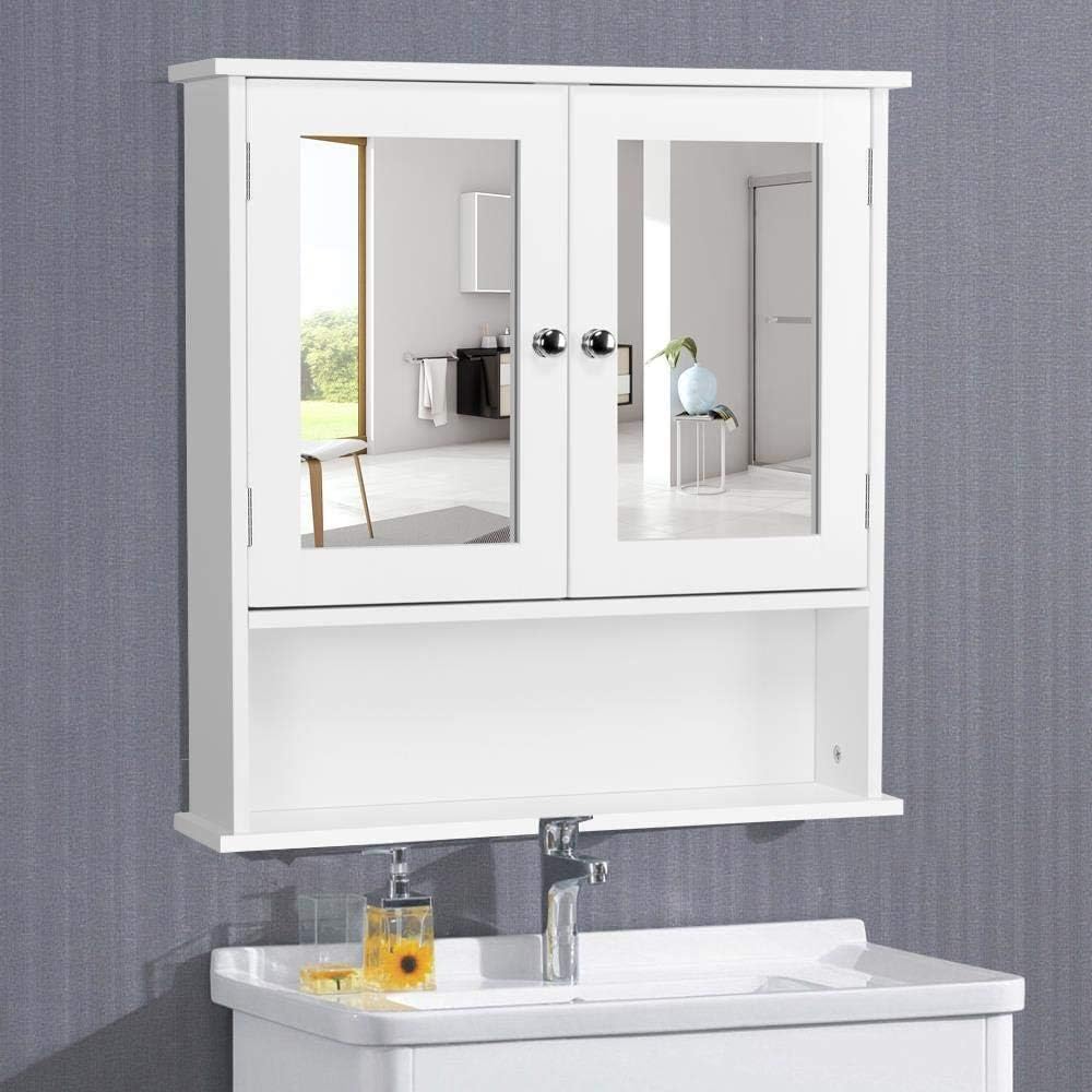 Yaheetech Spiegelschrank, Hängeschrank mit Spiegeltür und 3 Ablagen, Weiß