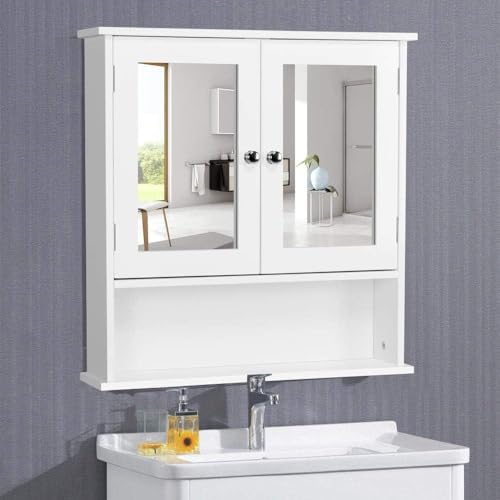 Yaheetech Spiegelschrank, Hängeschrank mit Spiegeltür und 3 Ablagen, Weiß