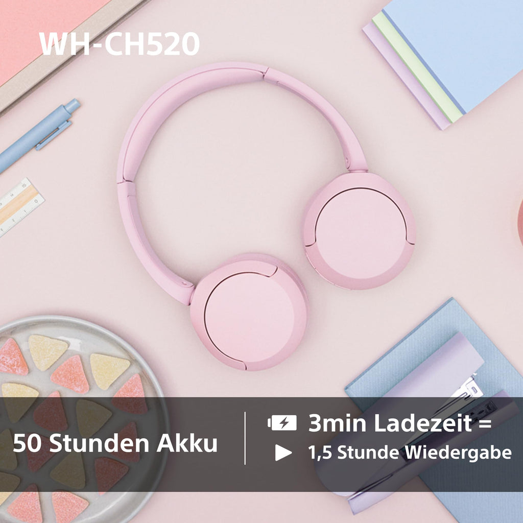 Sony WH-CH520 Kabellose Bluetooth-Kopfhörer - bis zu 50 Stunden Akkulaufzeit mit Schnellladefunktion, On-Ear-Modell - Schwarz