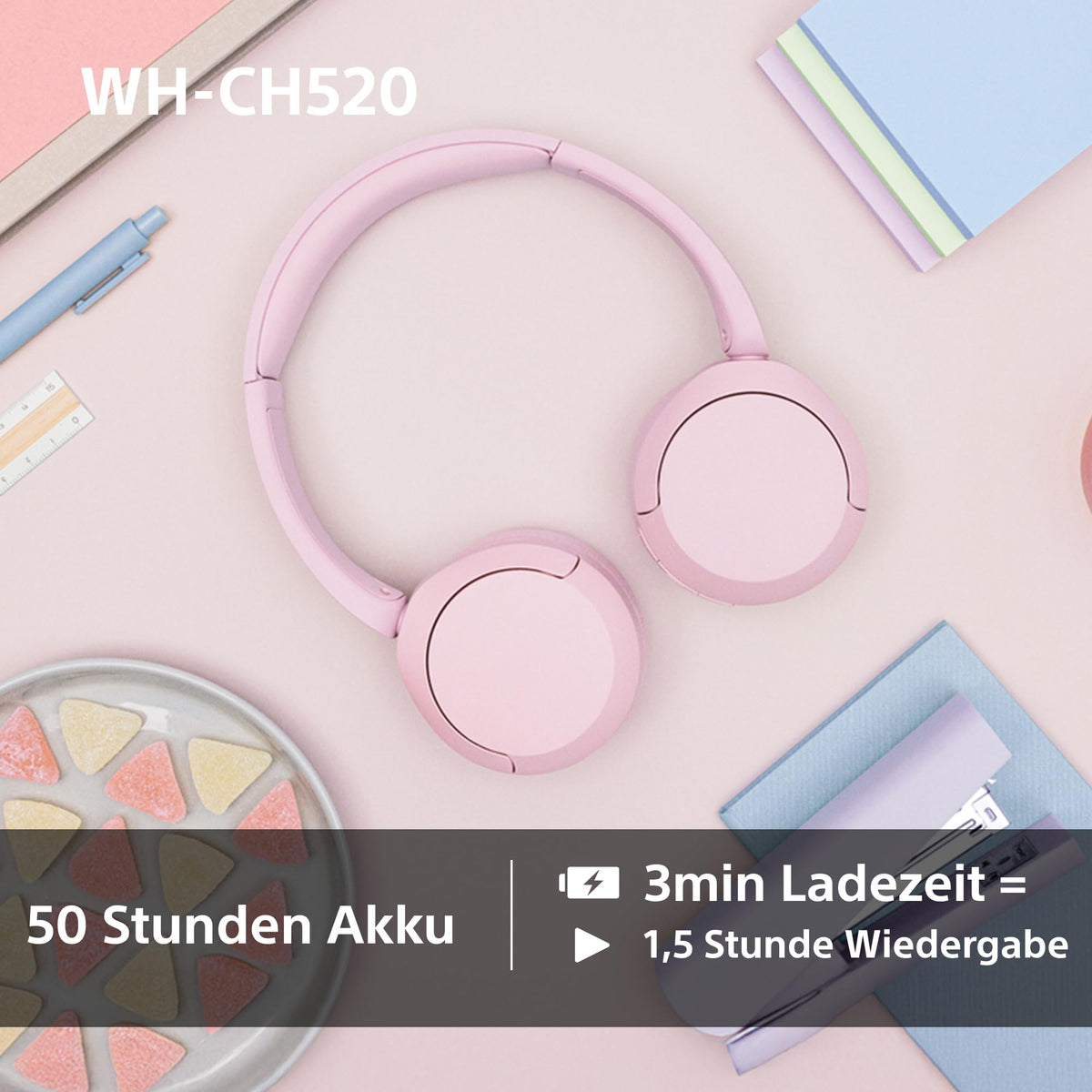 Sony WH-CH520 Kabellose Bluetooth-Kopfhörer - bis zu 50 Stunden Akkulaufzeit mit Schnellladefunktion, On-Ear-Modell - Schwarz