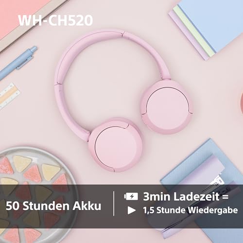 Sony WH-CH520 Kabellose Bluetooth-Kopfhörer - bis zu 50 Stunden Akkulaufzeit mit Schnellladefunktion, On-Ear-Modell - Schwarz