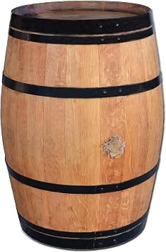 Stehtisch aus Weinfass, Dekofass, Gartentisch aus Holzfass - Fass geschliffen und geölt mit schwarzen Ringen