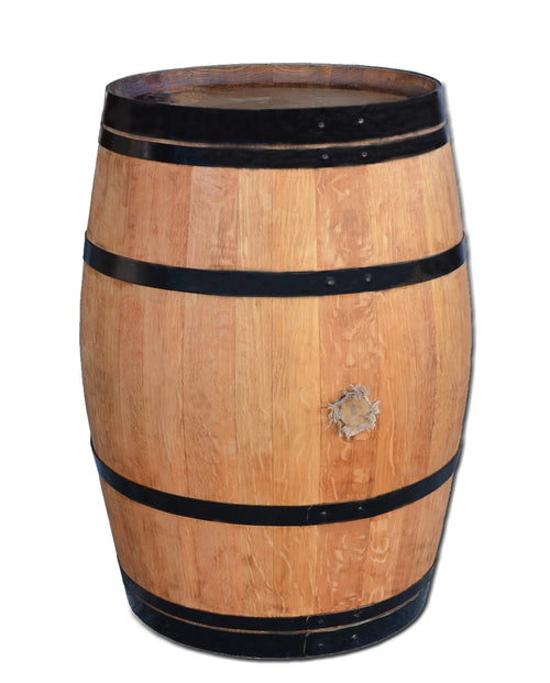 Stehtisch aus Weinfass, Dekofass, Gartentisch aus Holzfass - Fass geschliffen und geölt mit schwarzen Ringen