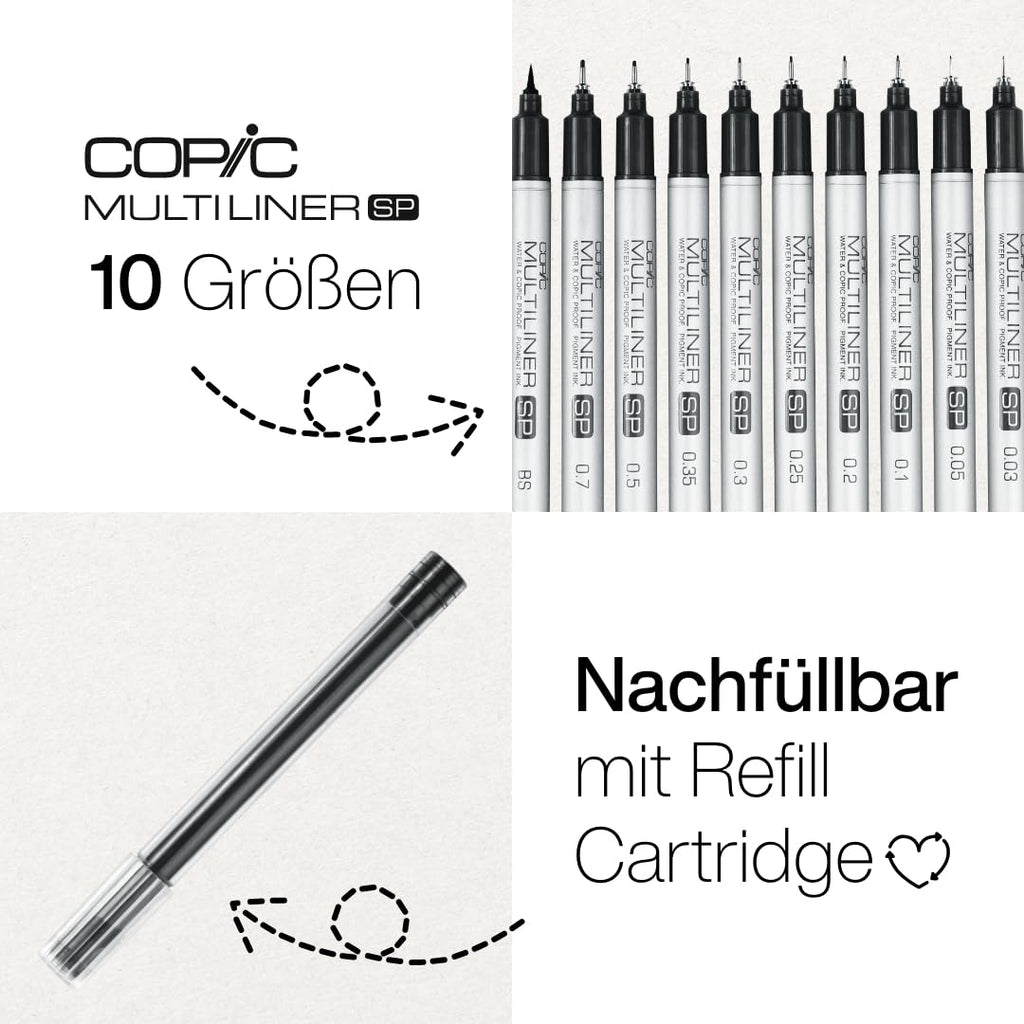 COPIC Multiliner SP 0,03 mm, Black, Aluminium Fineliner mit einer feinen Spitze und wasserbeständiger Pigmenttinte