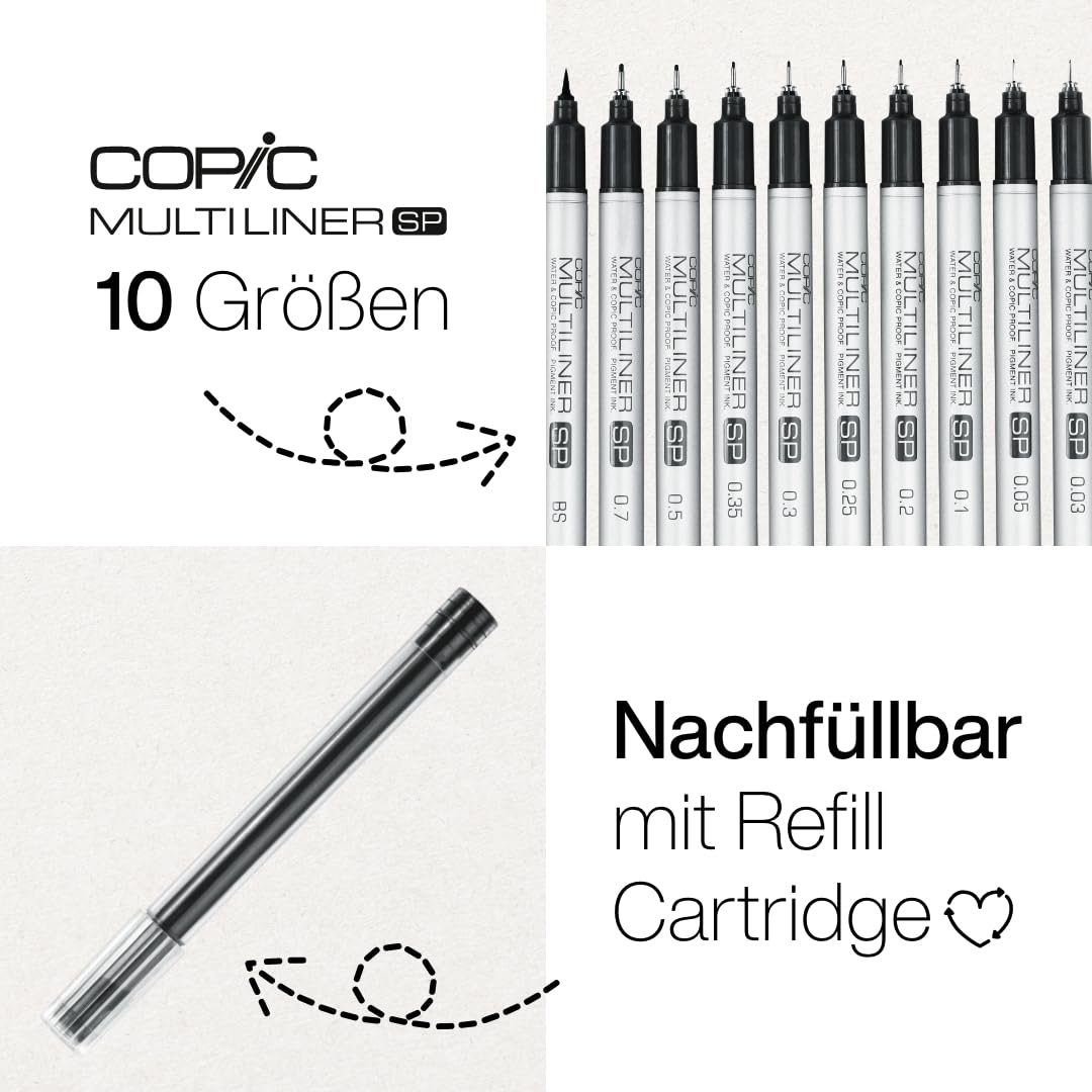 COPIC Multiliner SP 0,03 mm, Black, Aluminium Fineliner mit einer feinen Spitze und wasserbeständiger Pigmenttinte
