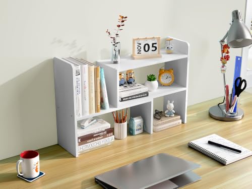 EasyPAG Schreibtisch Regal Holz Freistehend Kleines Bücherregal Verstellbar Schreibtisch Organizer Ständer Bürobedarf Ablage Display Regal,Weiß