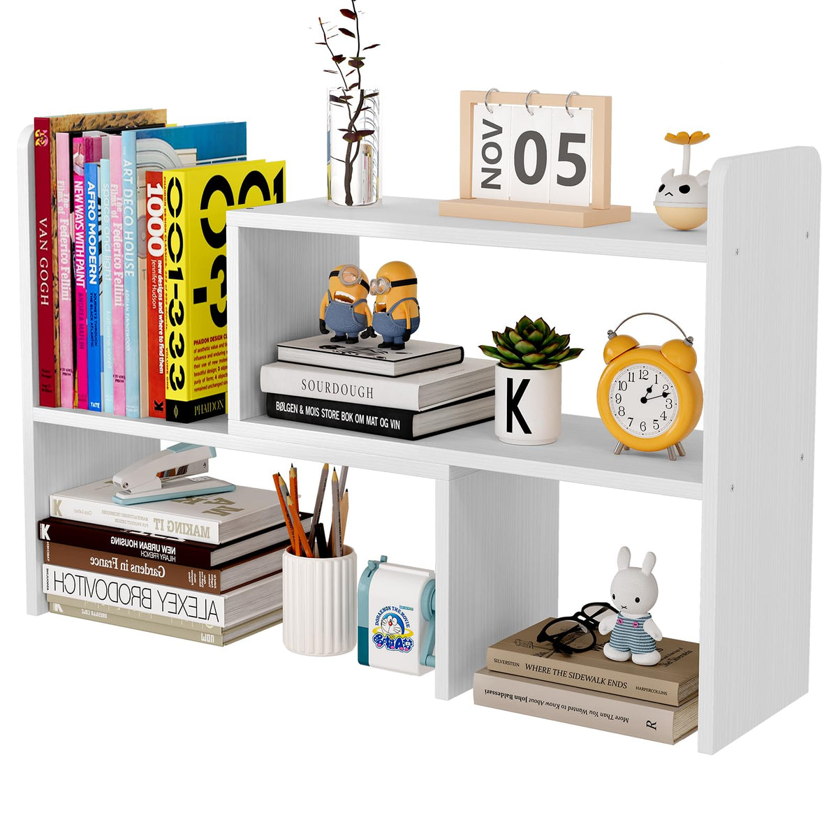 EasyPAG Schreibtisch Regal Holz Freistehend Kleines Bücherregal Verstellbar Schreibtisch Organizer Ständer Bürobedarf Ablage Display Regal,Weiß