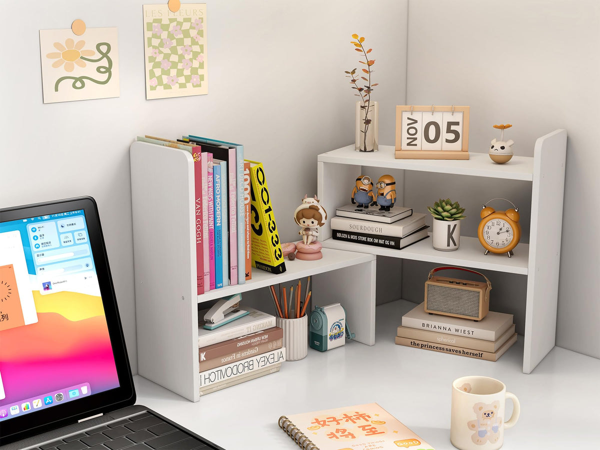 EasyPAG Schreibtisch Regal Holz Freistehend Kleines Bücherregal Verstellbar Schreibtisch Organizer Ständer Bürobedarf Ablage Display Regal,Weiß