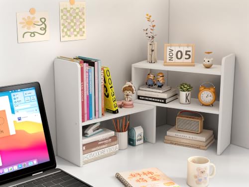 EasyPAG Schreibtisch Regal Holz Freistehend Kleines Bücherregal Verstellbar Schreibtisch Organizer Ständer Bürobedarf Ablage Display Regal,Weiß