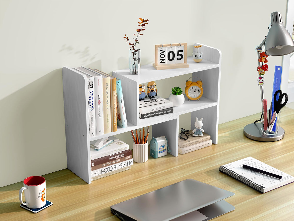 EasyPAG Schreibtisch Regal Holz Freistehend Kleines Bücherregal Verstellbar Schreibtisch Organizer Ständer Bürobedarf Ablage Display Regal,Weiß