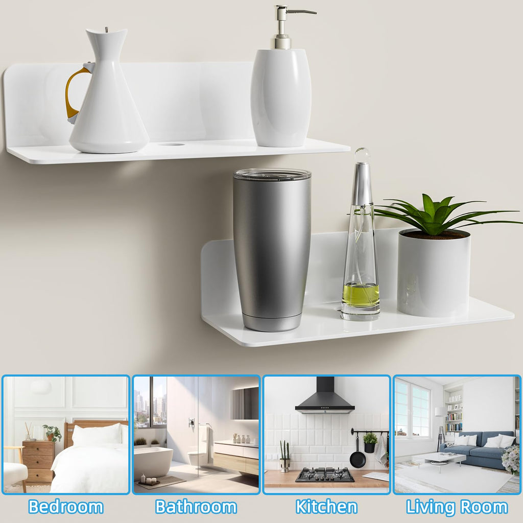 Acryl Schwebend Regal,Wandregal Ohne Bohren,2er Set Weiß Acryl Regal Wand,Selbstklebende Regale Klein,Regalbrett,Kleine Wandregale Set für Küche,Schlafzimmer,Büro,Badezimmer
