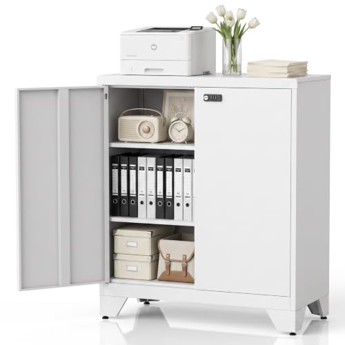 Aktenschrank Abschließbar, Metallschrank Klein, Büroschrank mit Kombinationsschloss,Mehrzweckschrank mit 2 Verstellbare Regale, Werkzeugschrank für Garage, Büro, Wohnzimmer, 90 x 80 x 40 cm, Weiß