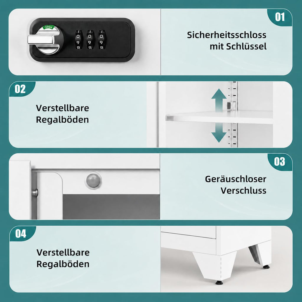 Aktenschrank Abschließbar, Metallschrank Klein, Büroschrank mit Kombinationsschloss,Mehrzweckschrank mit 2 Verstellbare Regale, Werkzeugschrank für Garage, Büro, Wohnzimmer, 90 x 80 x 40 cm, Weiß