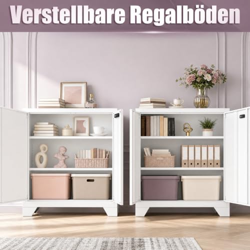 Aktenschrank Abschließbar, Metallschrank Klein, Büroschrank mit Kombinationsschloss,Mehrzweckschrank mit 2 Verstellbare Regale, Werkzeugschrank für Garage, Büro, Wohnzimmer, 90 x 80 x 40 cm, Weiß