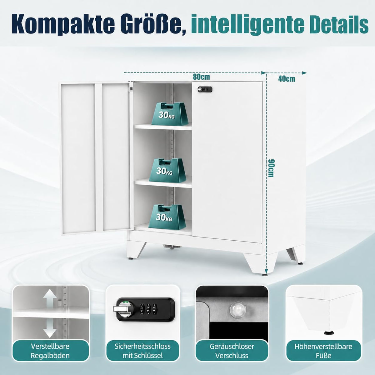 Aktenschrank Abschließbar, Metallschrank Klein, Büroschrank mit Kombinationsschloss,Mehrzweckschrank mit 2 Verstellbare Regale, Werkzeugschrank für Garage, Büro, Wohnzimmer, 90 x 80 x 40 cm, Weiß