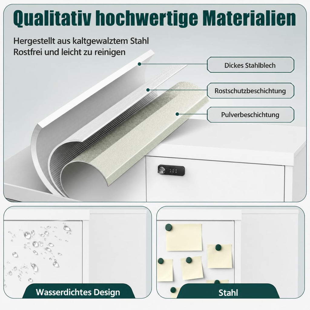 Aktenschrank Abschließbar, Metallschrank Klein, Büroschrank mit Kombinationsschloss,Mehrzweckschrank mit 2 Verstellbare Regale, Werkzeugschrank für Garage, Büro, Wohnzimmer, 90 x 80 x 40 cm, Weiß