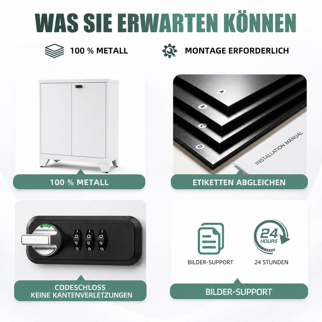Aktenschrank Abschließbar, Metallschrank Klein, Büroschrank mit Kombinationsschloss,Mehrzweckschrank mit 2 Verstellbare Regale, Werkzeugschrank für Garage, Büro, Wohnzimmer, 90 x 80 x 40 cm, Weiß