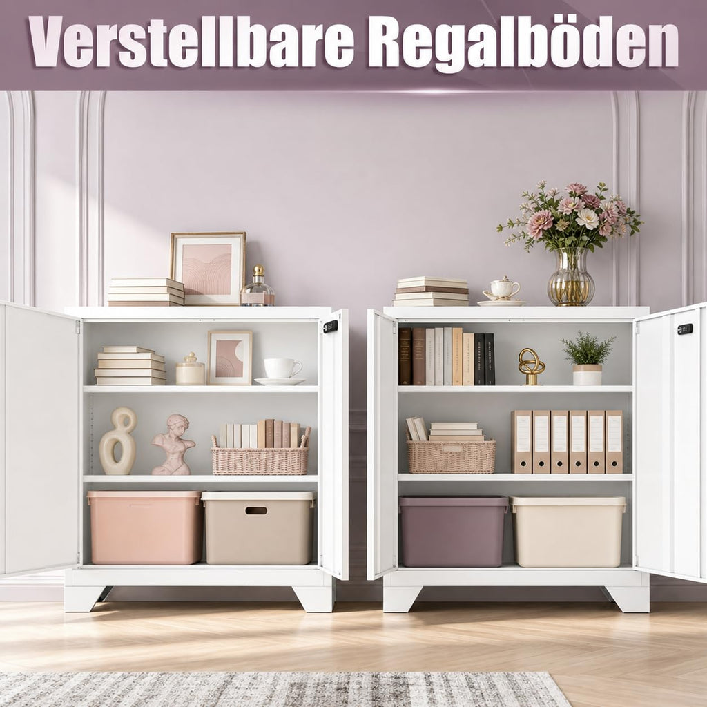 Aktenschrank Abschließbar, Metallschrank Klein, Büroschrank mit Kombinationsschloss,Mehrzweckschrank mit 2 Verstellbare Regale, Werkzeugschrank für Garage, Büro, Wohnzimmer, 90 x 80 x 40 cm, Weiß