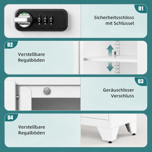 Aktenschrank Abschließbar, Metallschrank Klein, Büroschrank mit Kombinationsschloss,Mehrzweckschrank mit 2 Verstellbare Regale, Werkzeugschrank für Garage, Büro, Wohnzimmer, 90 x 80 x 40 cm, Weiß