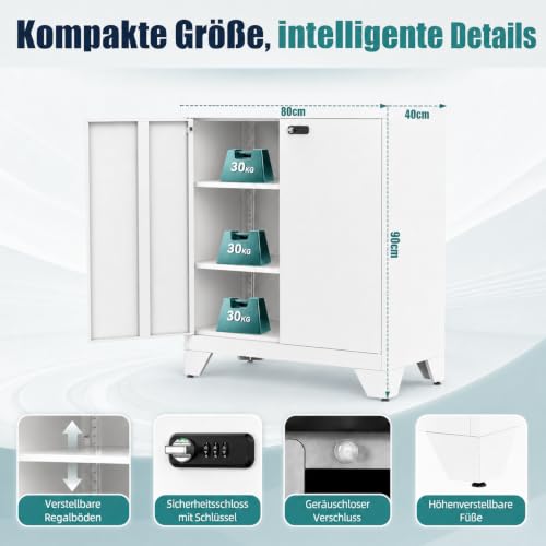 Aktenschrank Abschließbar, Metallschrank Klein, Büroschrank mit Kombinationsschloss,Mehrzweckschrank mit 2 Verstellbare Regale, Werkzeugschrank für Garage, Büro, Wohnzimmer, 90 x 80 x 40 cm, Weiß